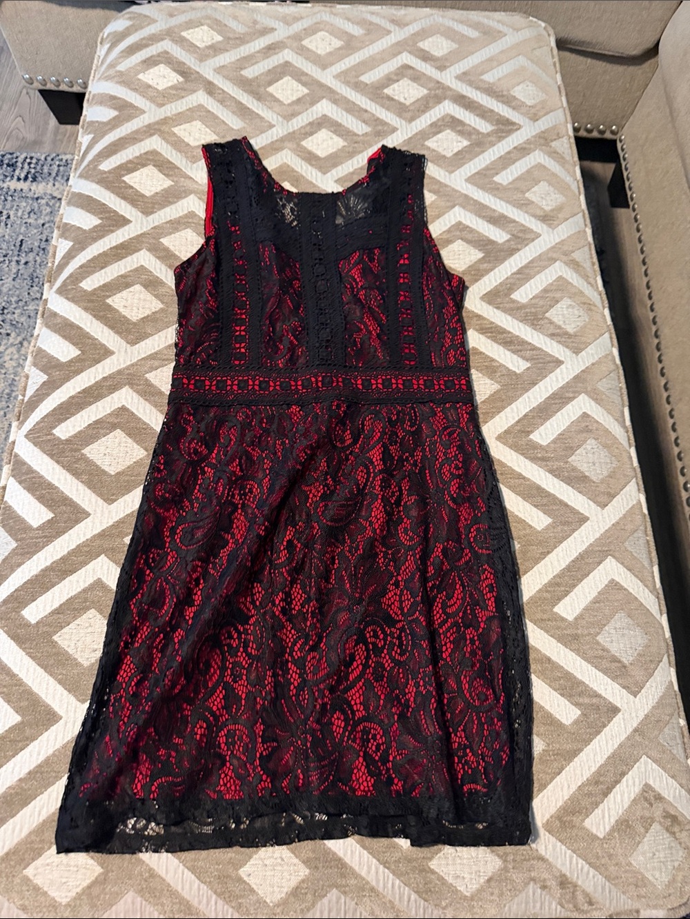 Sleeveless Black Lace Overlay Dress with Red Underlay